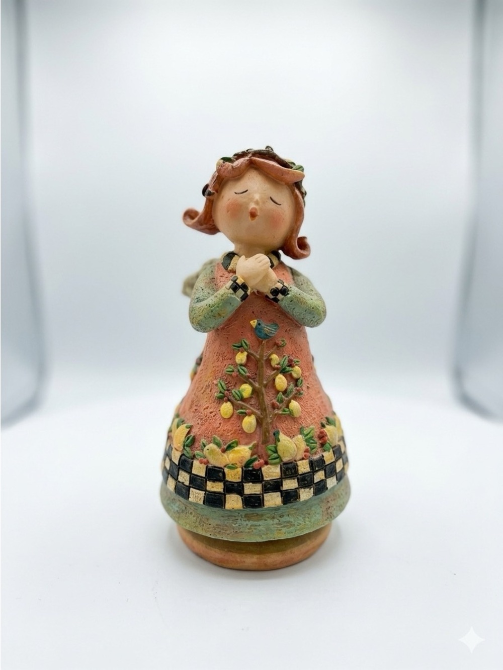 Hand-Painted Ceramic Singing Girl Figurine in Peach and Green